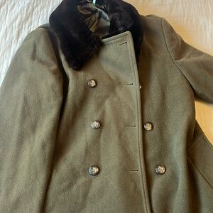 Olive Green with faux brown Fur collar Wool Peacoat xs/S made in italy